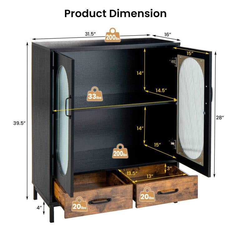 Aparador moderno de metal y madera en negro y marrón con puertas de cristal para comedor