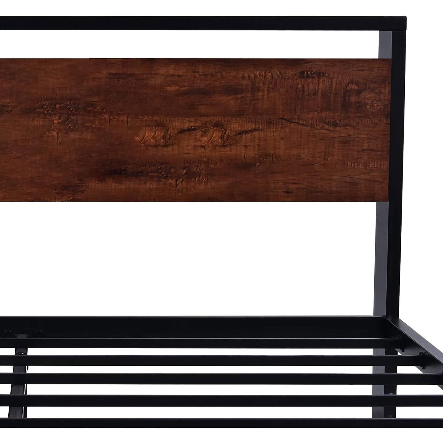 Base de cama de plataforma King de metal con cabecero y piecero de madera de caoba