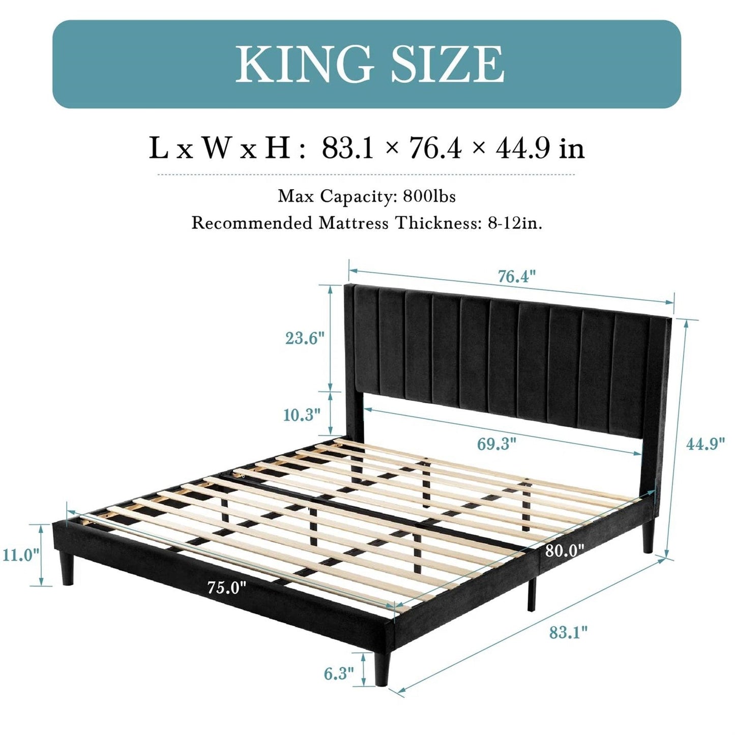 Base de cama tamaño King con plataforma tapizada en terciopelo negro y cabecera