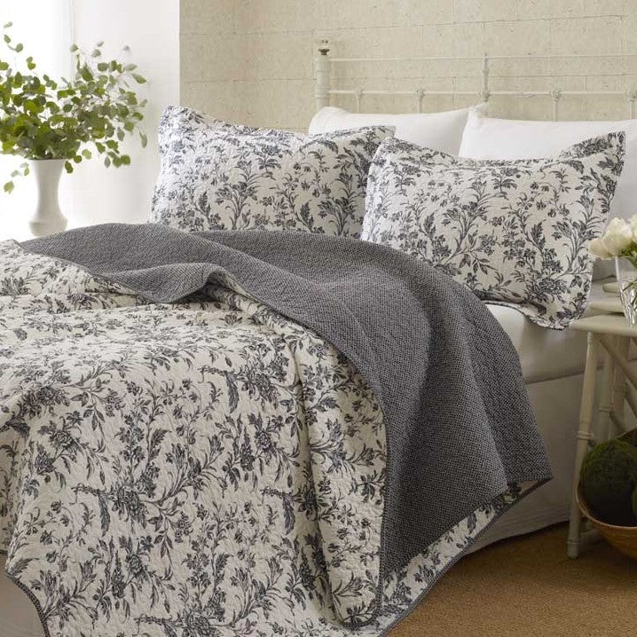 Juego de colcha reversible de 3 piezas de mezcla de algodón tamaño King con diseño floral en gris y blanco
