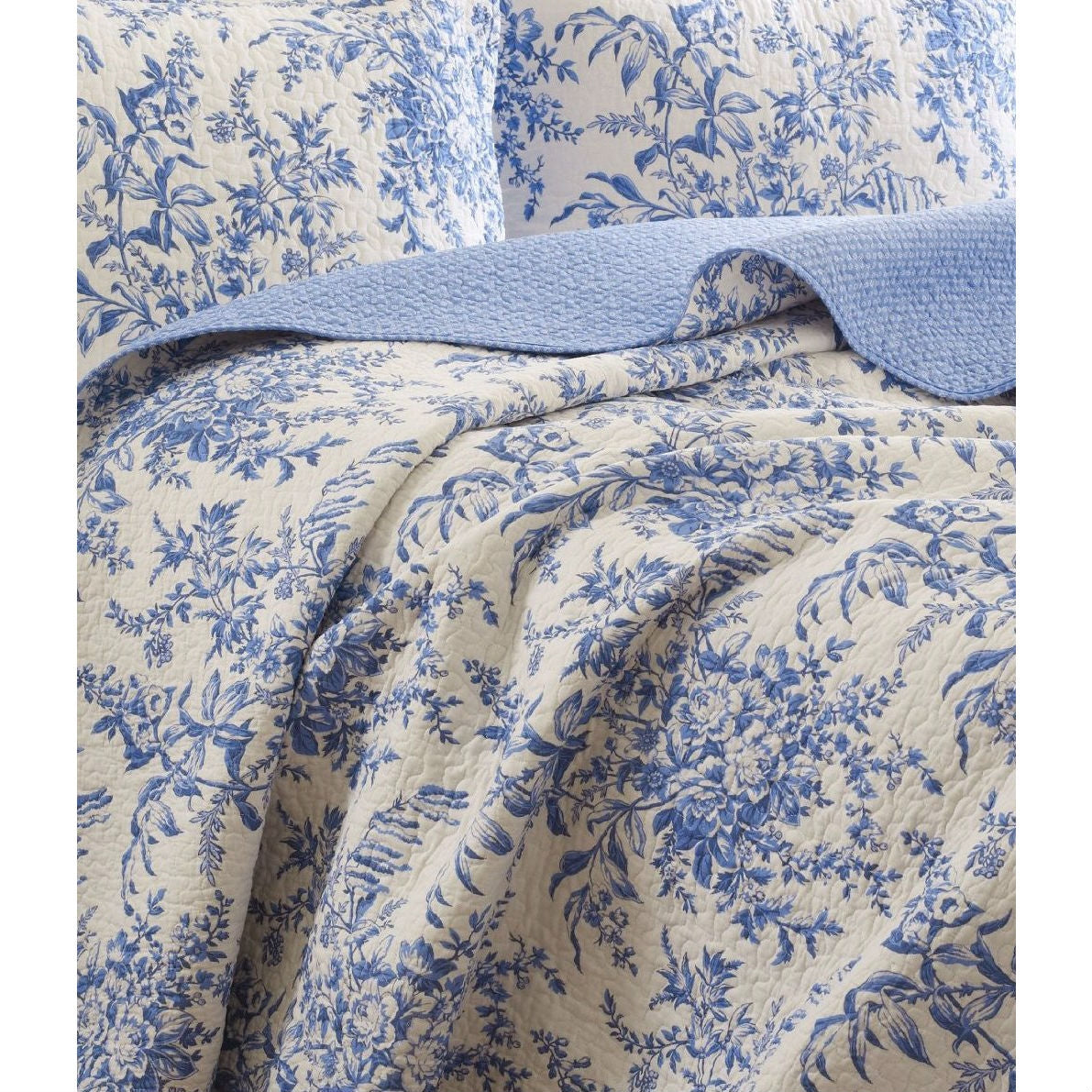 Juego de colcha King de algodón 100% con estampado floral de hojas azules y blancas