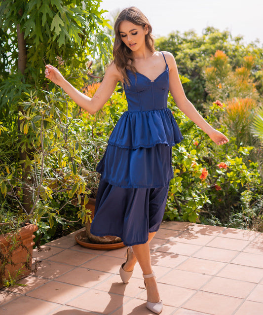 Maeve Corset Midi Dress - Navy Satin