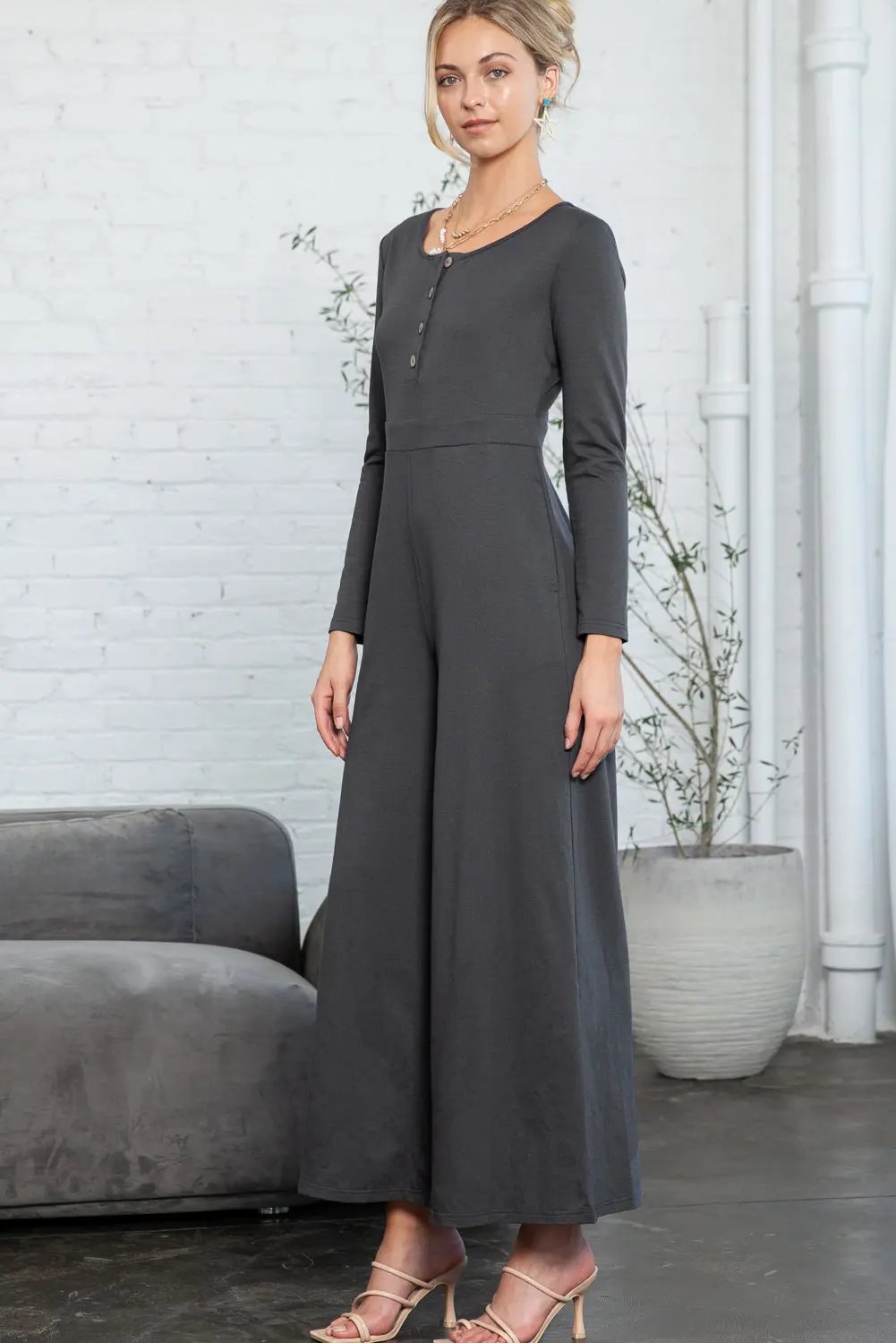 Women's Jumpsuit - Button-Front Long Sleeve - Wide Leg