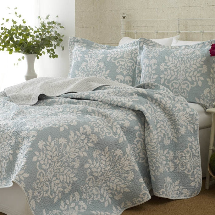 Juego de colcha de 3 piezas de algodón 100% tamaño King con estampado floral azul y blanco