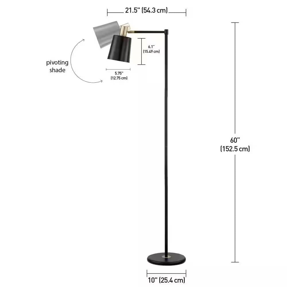 Lámpara de pie industrial moderna de metal negro de 60 pulgadas con detalles dorados