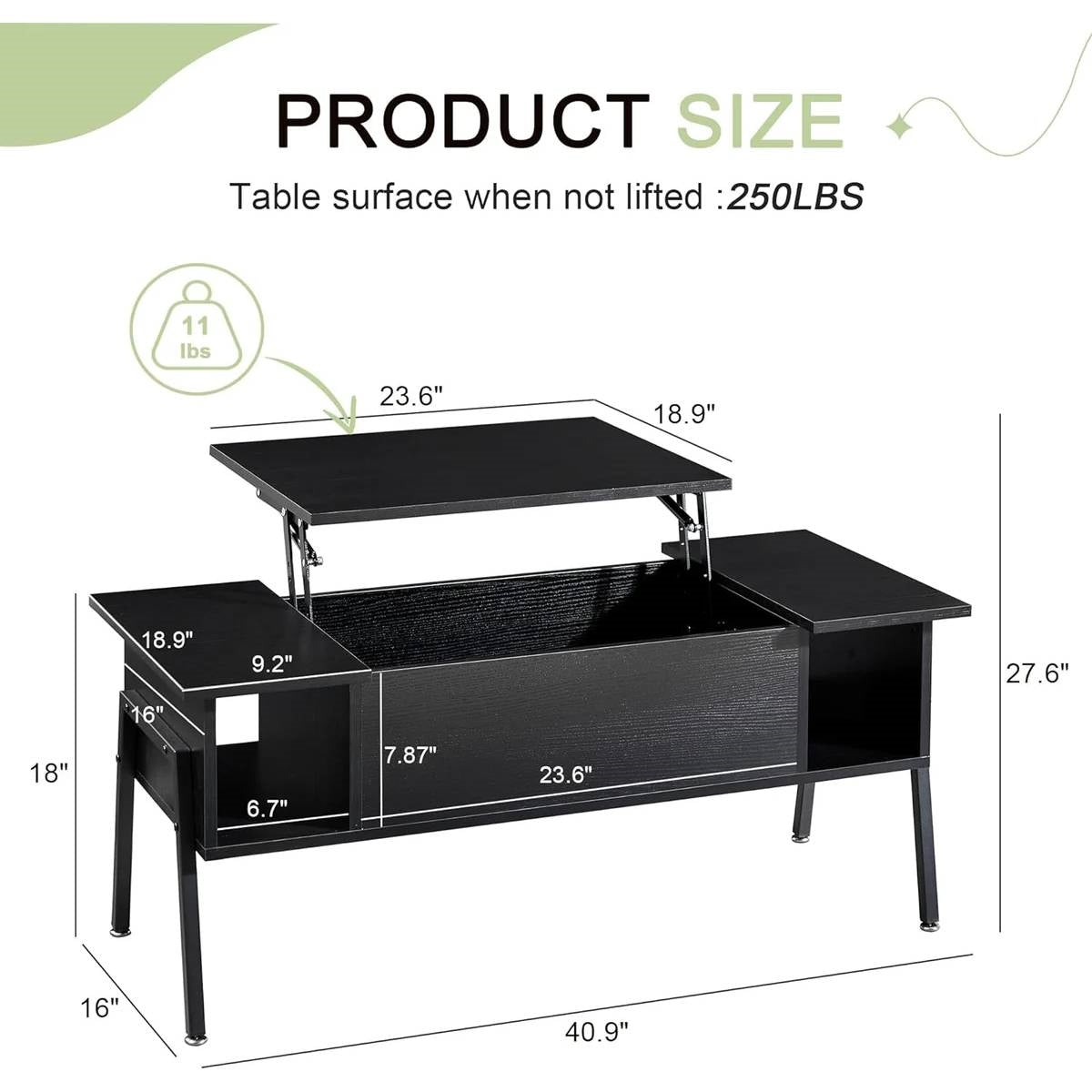 Mesa de centro elevable moderna con escritorio para laptop y estante de almacenamiento en acabado de madera negra