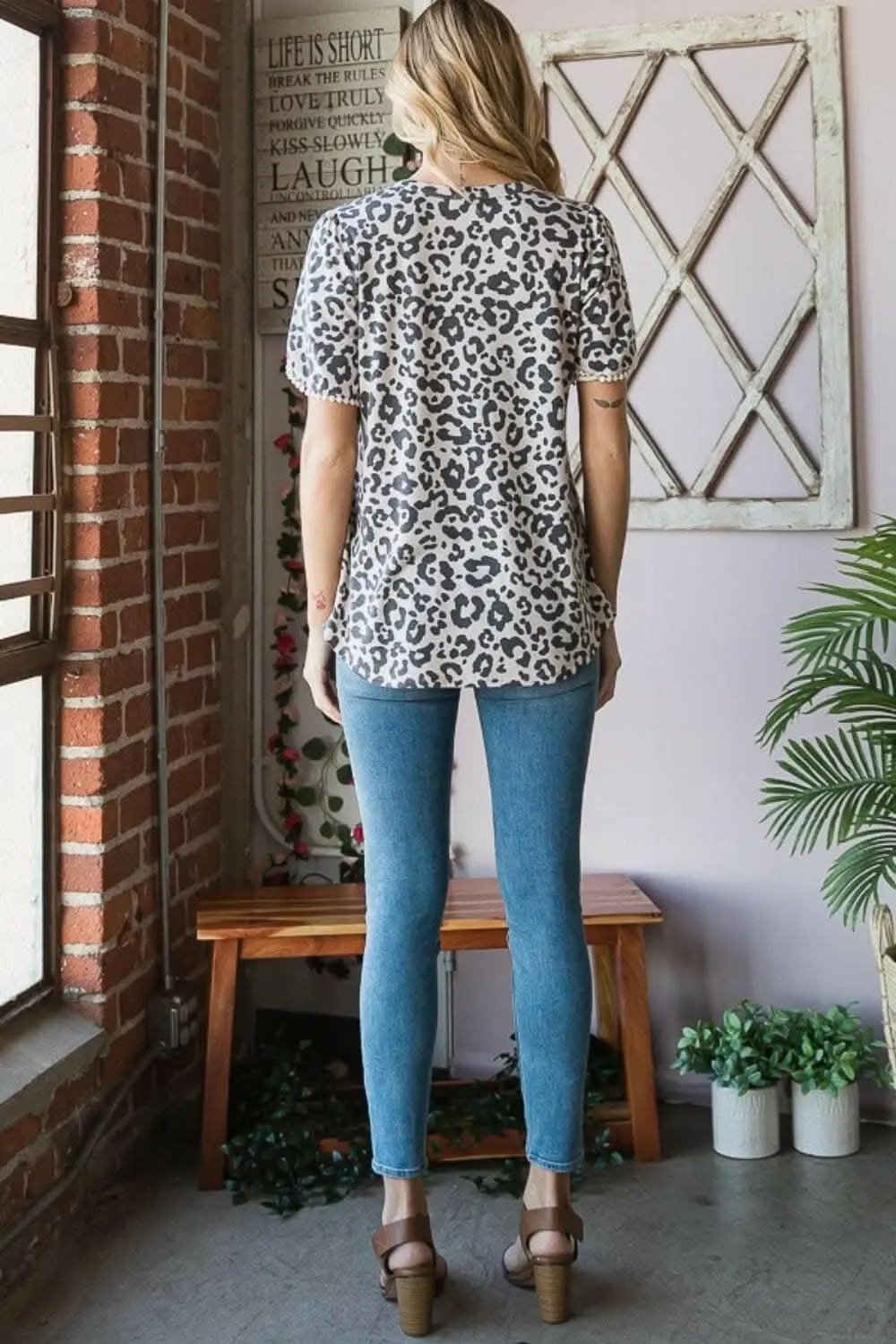 Trendsi Leopard Print Tee With Petal Sleeves — Casual Round Neck