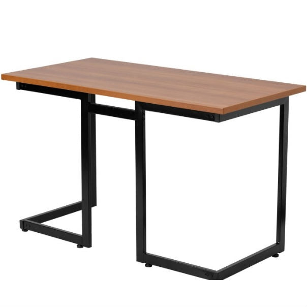 Escritorio moderno para computadora con estructura de metal negro y superficie con acabado en madera de cerezo