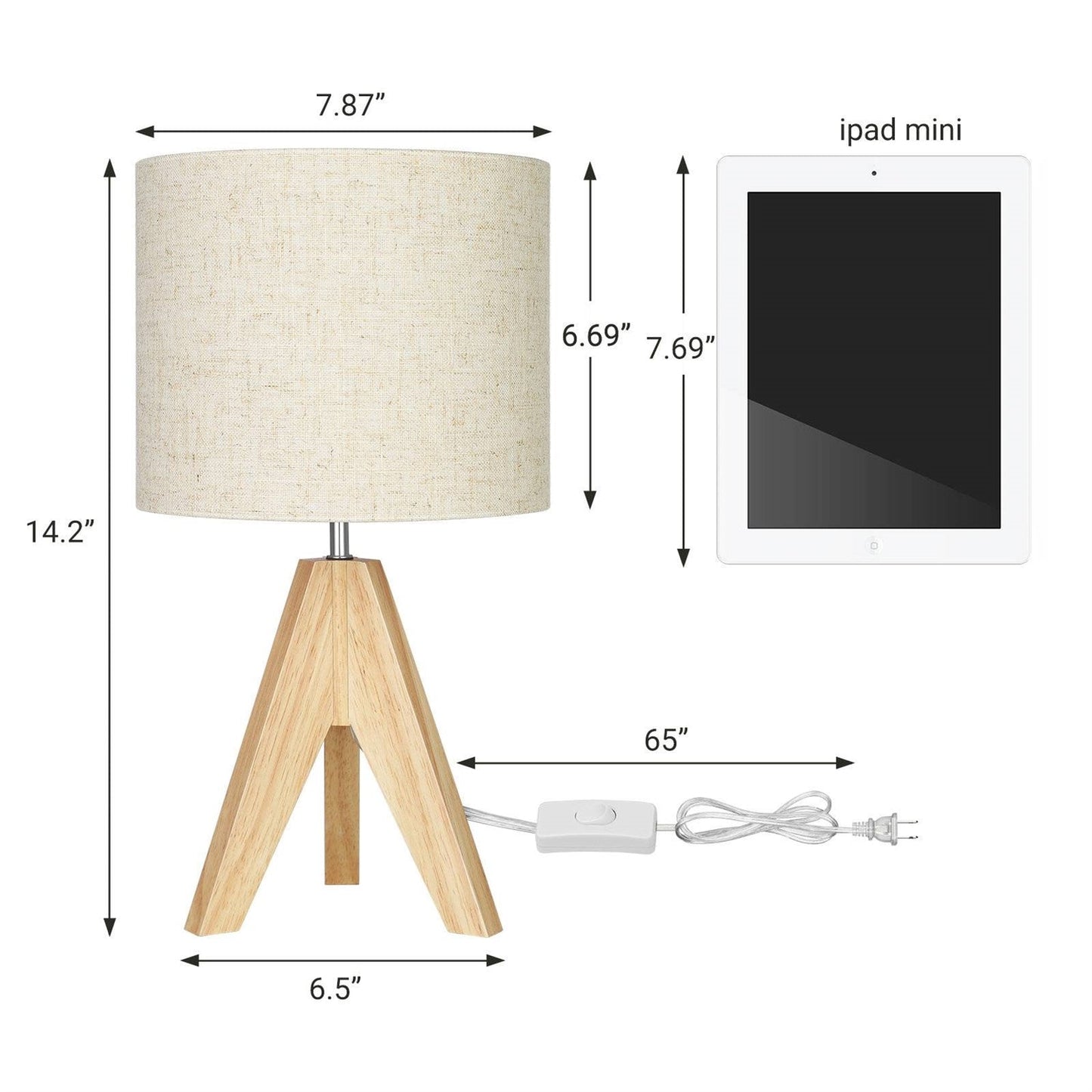 Juego de 2 lámparas de mesa trípode de madera maciza con pantalla cilíndrica de lino beige