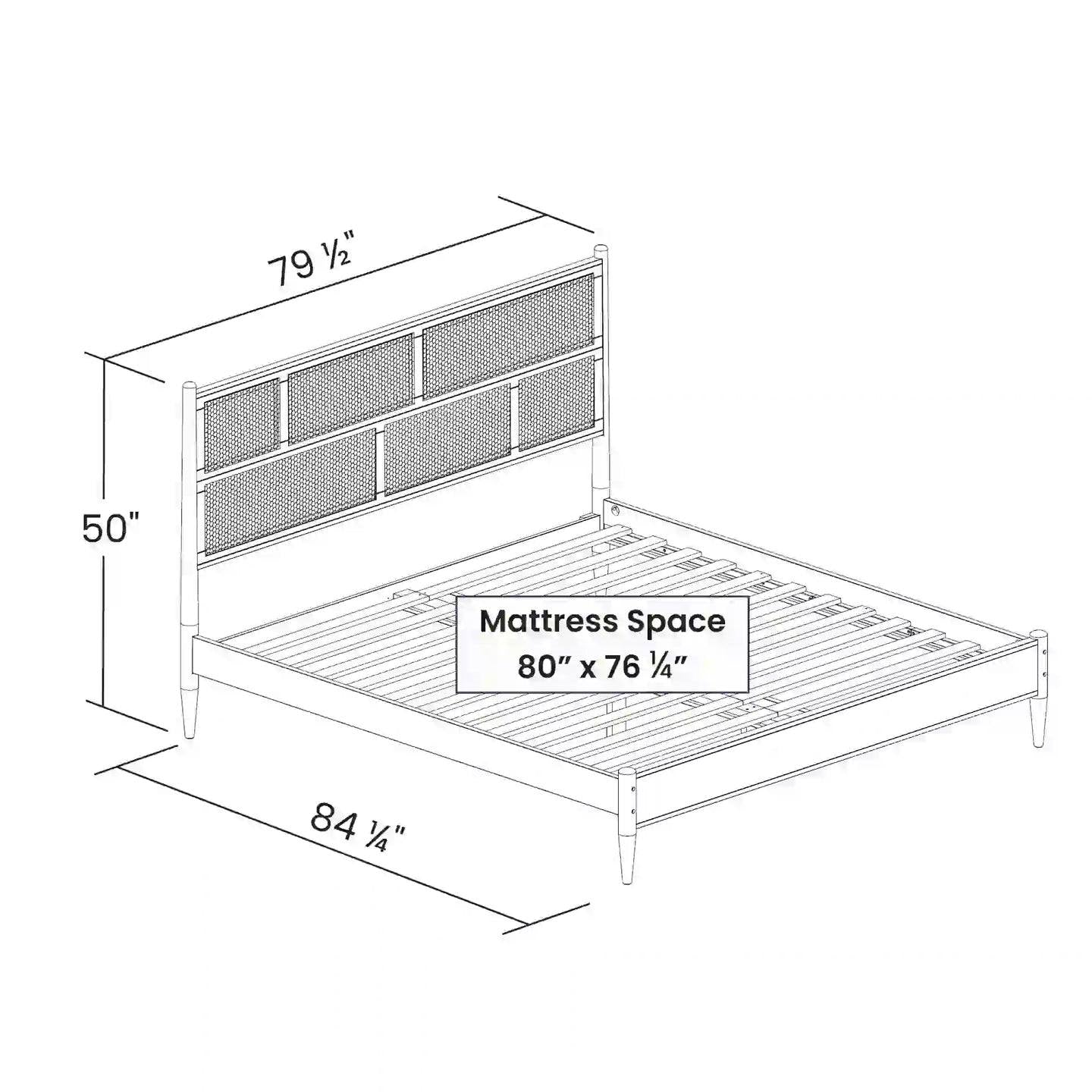 Base de cama de plataforma King Size de madera maciza con cabecero con paneles de rejilla en nogal
