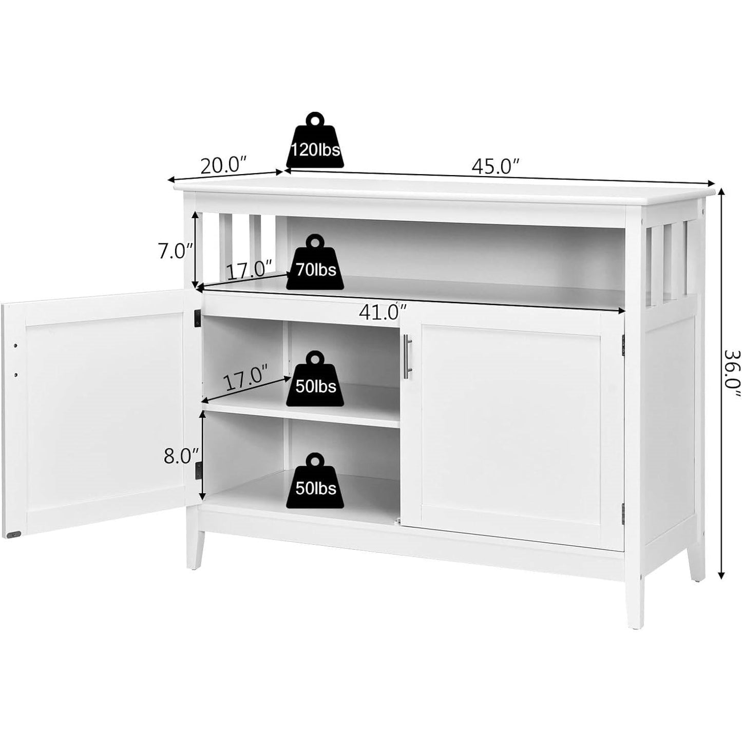 Aparador de comedor de madera blanca con 2 puertas y estante abierto