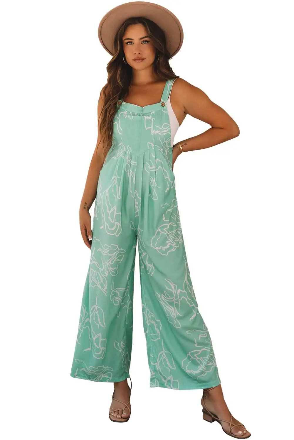 Love Salve Women's Green Printed Overalls — Wide Leg Casual Jumpsuit