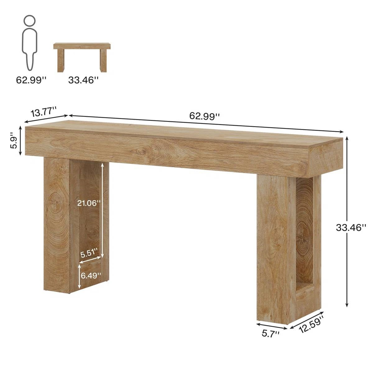 Mesa de sofá consola estrecha larga estilo granja moderna de 63 pulgadas con acabado en madera natural