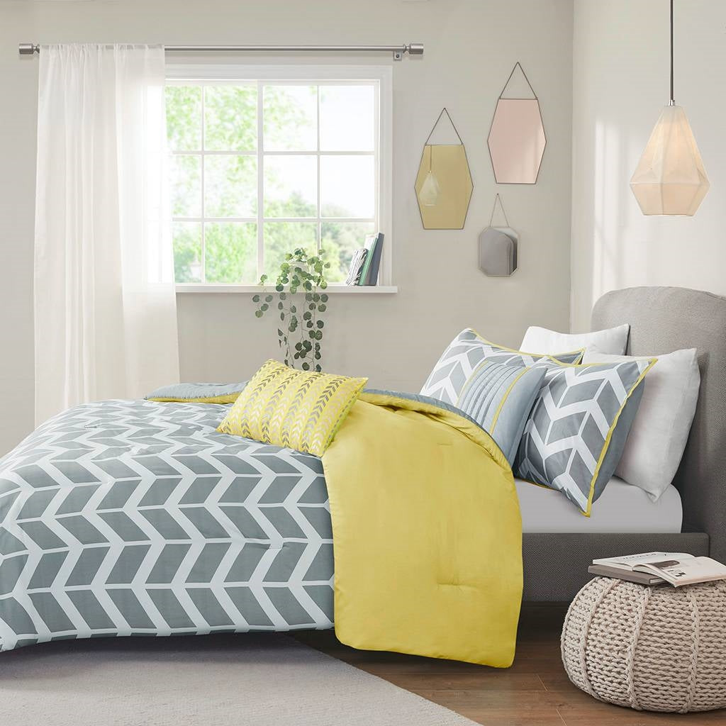 Juego de edredón reversible individual/Twin XL con estampado de chevron en gris, blanco y amarillo