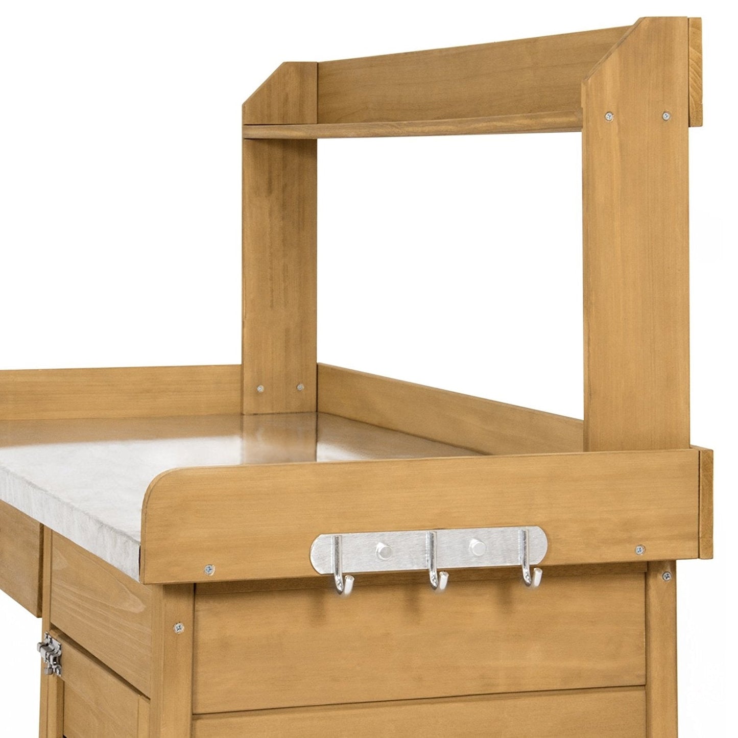 Mesa de trabajo para jardín con cubierta metálica de madera de abeto natural