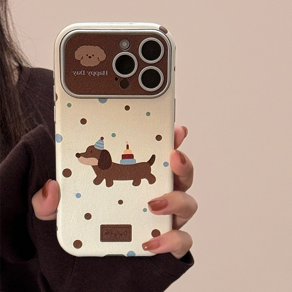Funda de piel ins dachshund para iPhone 16 Pro Max 15 Apple 17 con correa de mano retro y cubierta blanda