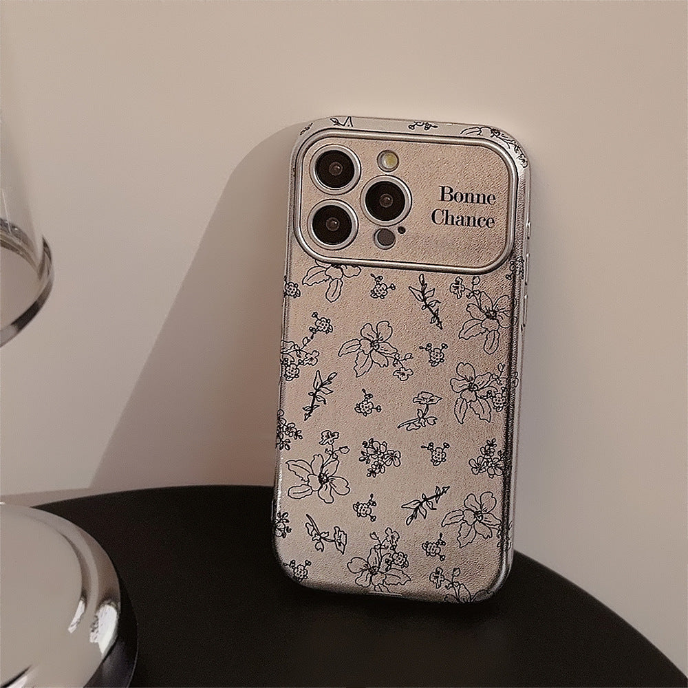 Funda para móvil iPhone 16 con dibujo de flor, iPhone 15, 13 Pro Max, de cuero plateado, 17 con sensación prémium, 12 coreana.