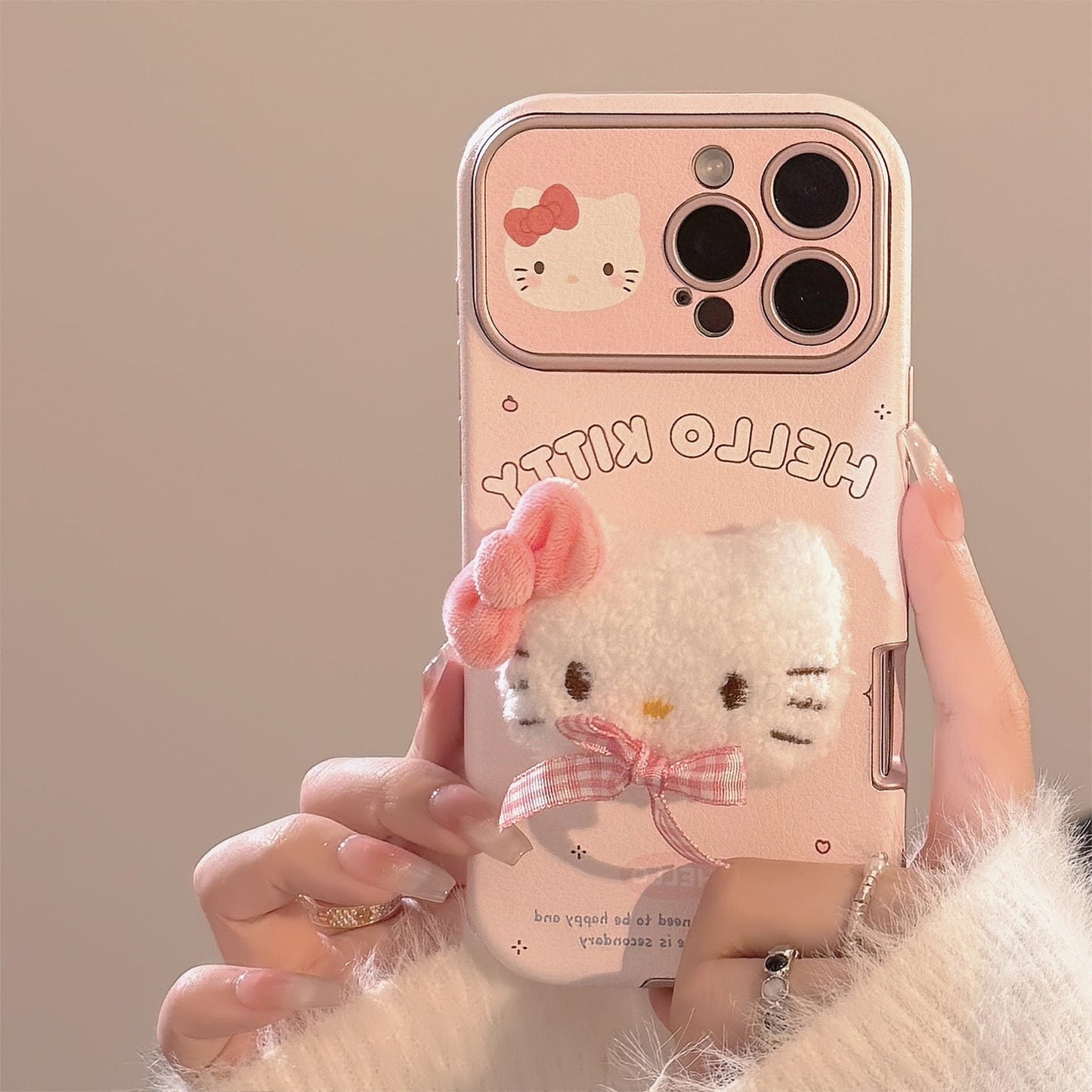 Bonita funda de cuero para iPhone 16promax de gato con lazo rosa, con pulsera de Apple 15 tridimensional, 14, 17