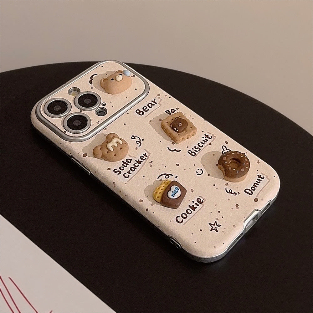 Bonito oso tridimensional se aplica a la funda de teléfono móvil 16 Apple 17ProMax iphone15 cuero 12 galletas 14