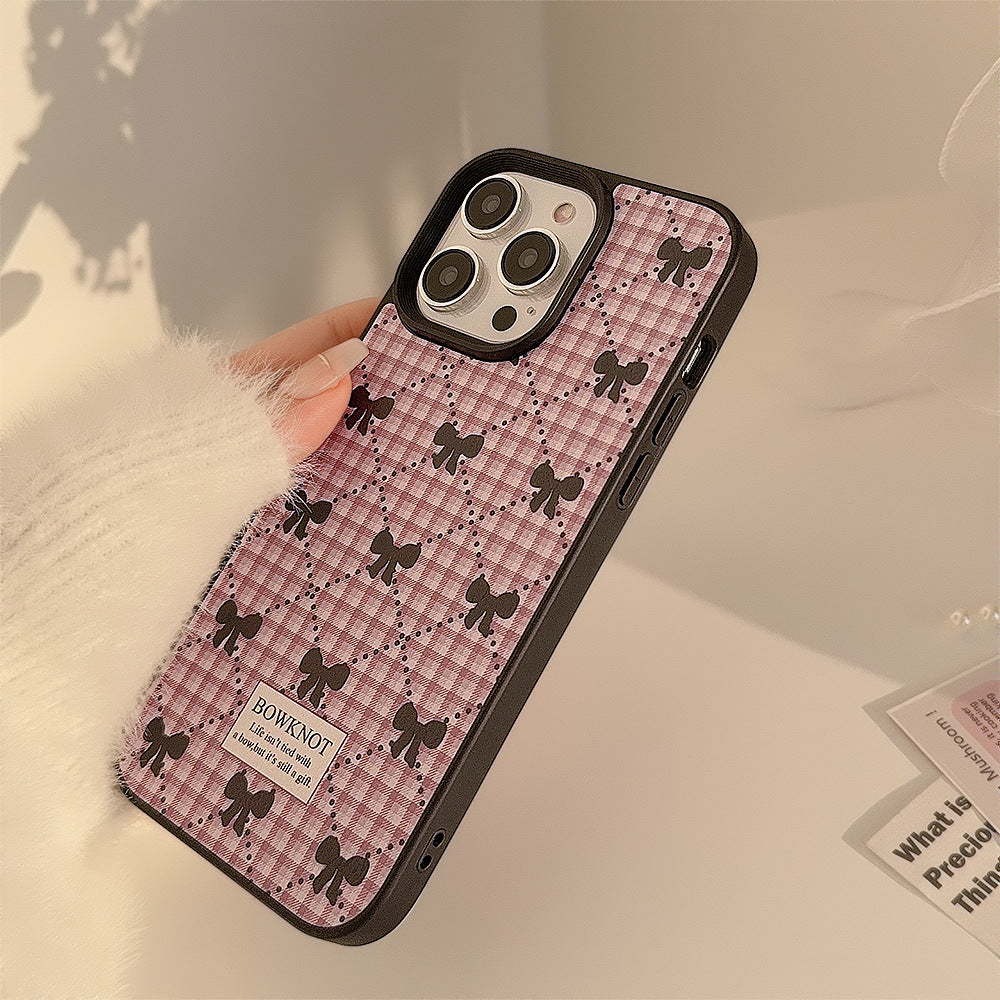 Funda para teléfono a cuadros lazo coreano 16 Apple 17promax dulce 11 para iPhone 15 cuero 13 invierno