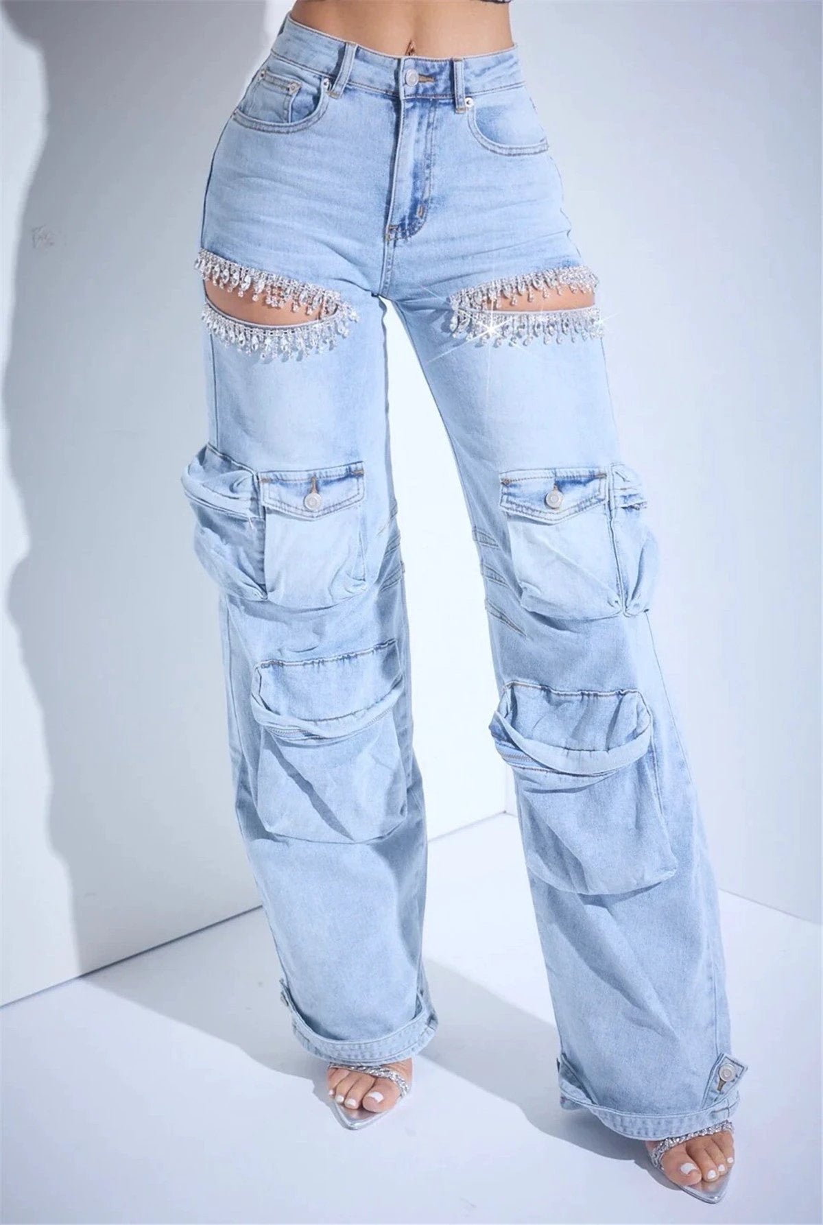 Thigh Hollow-out Rhinestone Decorations Cargo Multi-pocket Stretch Jeans