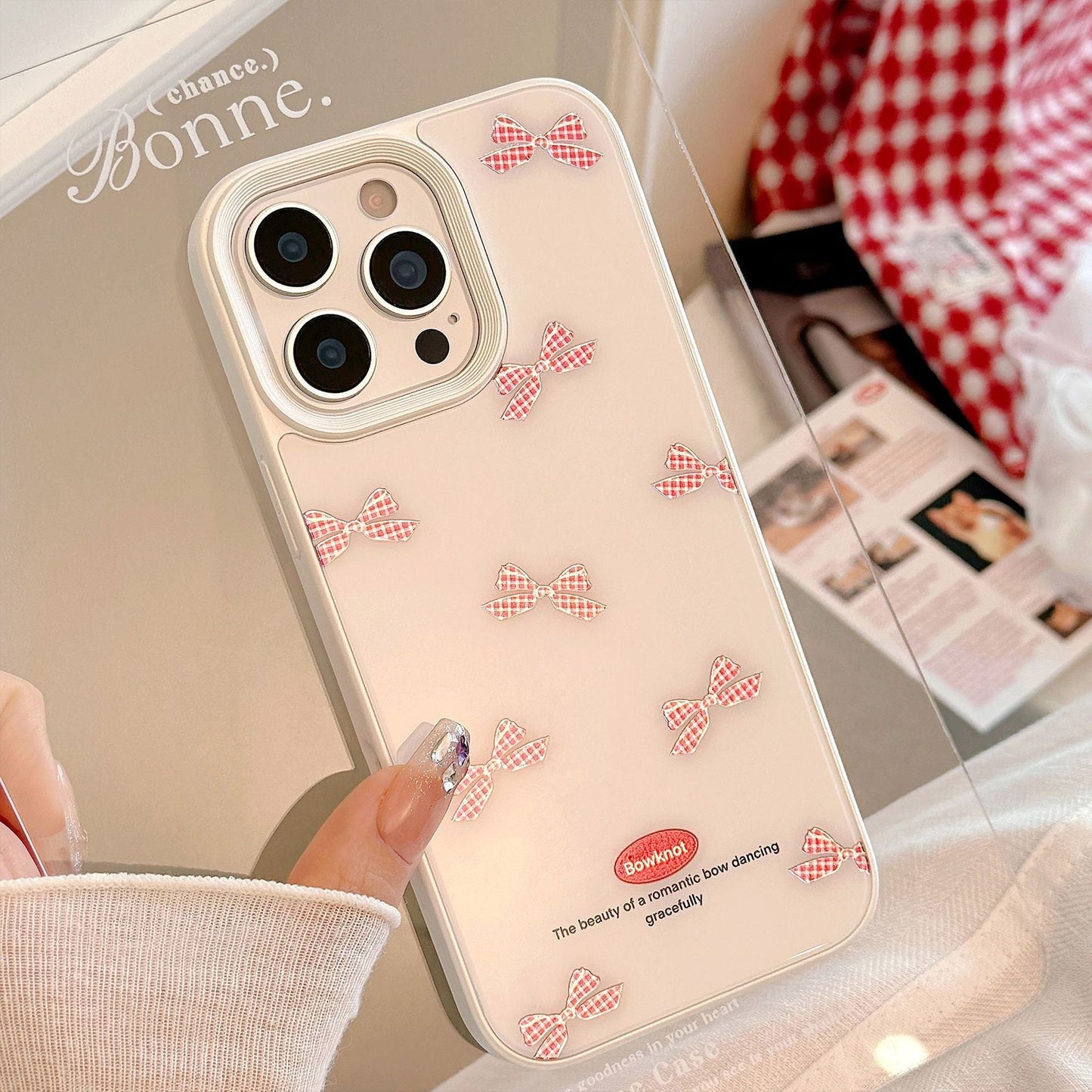 Funda de teléfono para iPhone 17 con lazo a cuadros rojos dorados Apple 14 para cristal duro 16promax 13 dulce