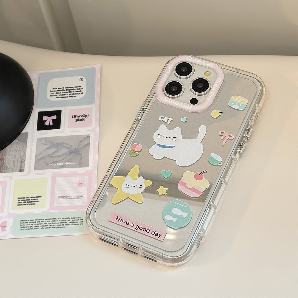Foodie cat holder for 16ProMax Apple 15 mobile phone case iPhone17 hand strap 12 cute 11 mirror
