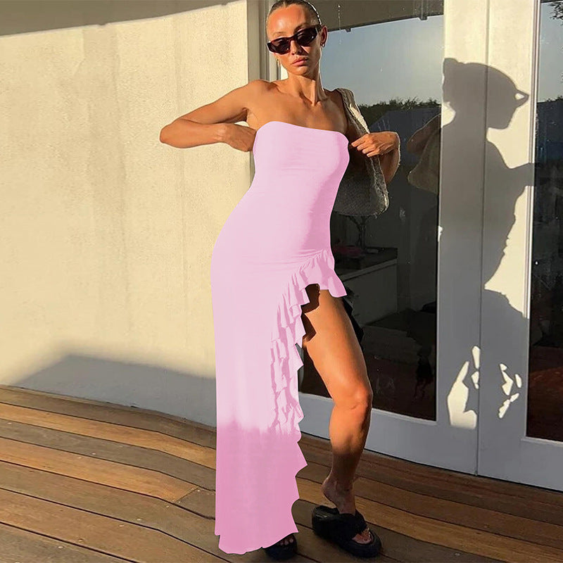 Vestido tubo con abertura sexy de verano de color liso con volantes para mujer, pelo