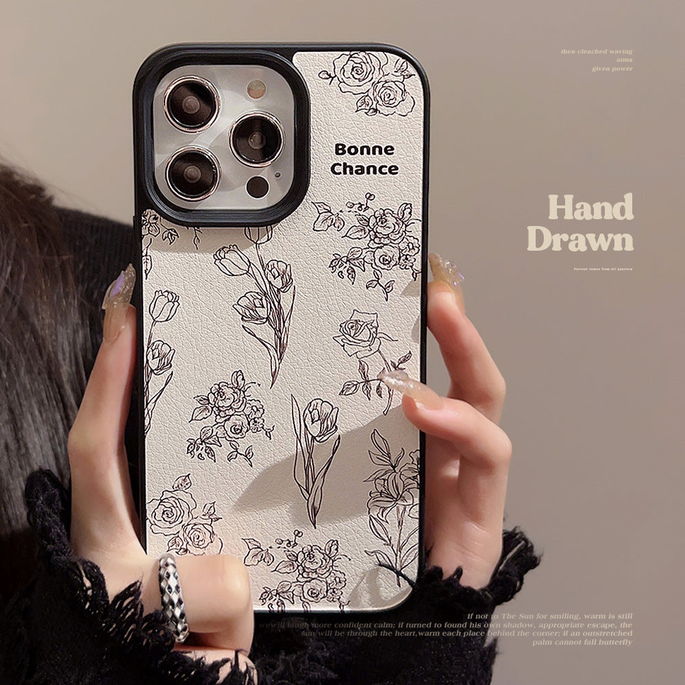 Funda de piel de cordero para iPhone 15 17promax Rosa Camelia 11 para iPhone 16 Art Premium 12
