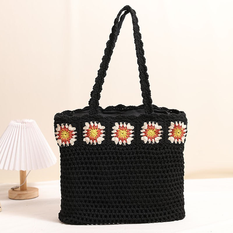 Single Shoulder Cotton Thread Woven Bag Floral Cutout Straw Bag Seaside Vacation Beach Bag