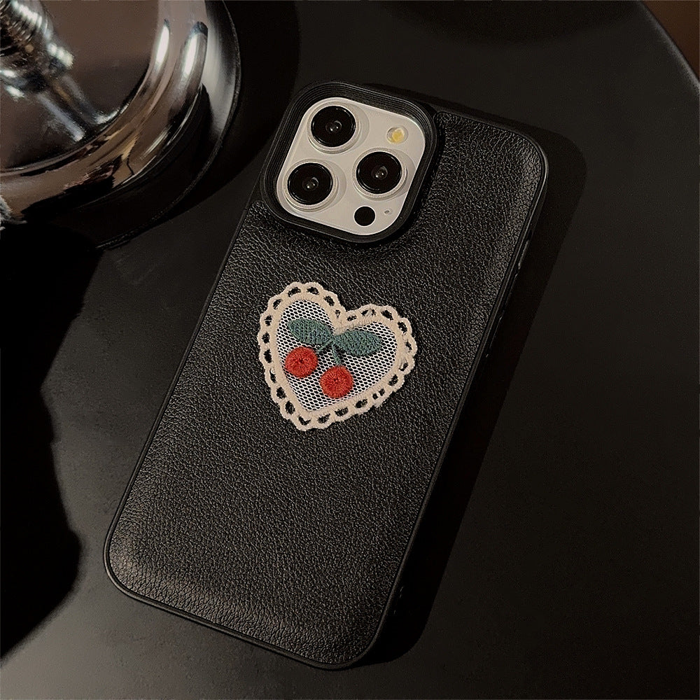 Funda para móvil Apple 15, bordado de cerezas, iPhone 16 Pro Max de cuero, 11, temperamento, 13, anticaída, 17