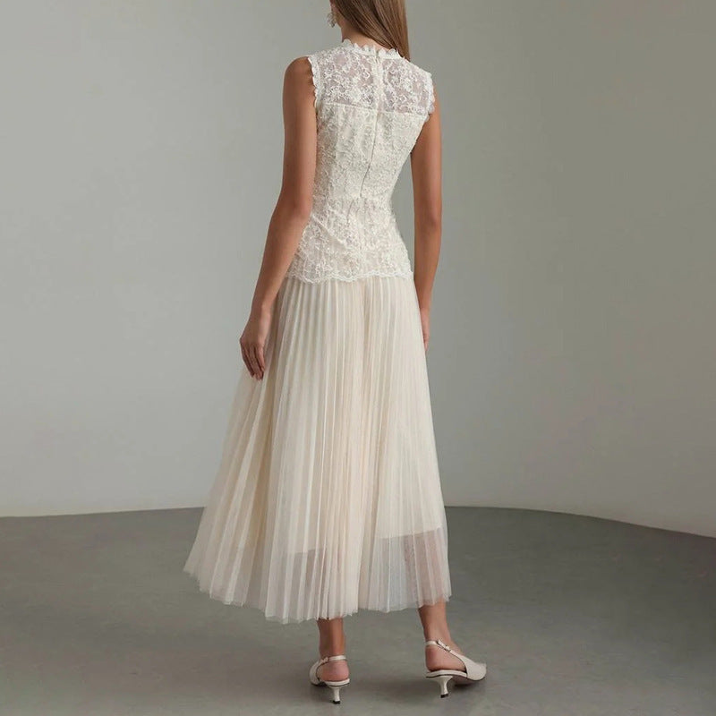 Vestido elegante de verano para mujer, de alta calidad, sin mangas, con encaje, bordado y malla cosida