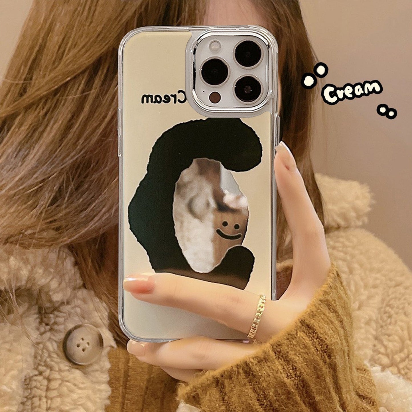 ins cream smiley face applies to 17pro max apple iphone15 mobile phone case 11 makeup mirror 16 anti-drop 14 hard