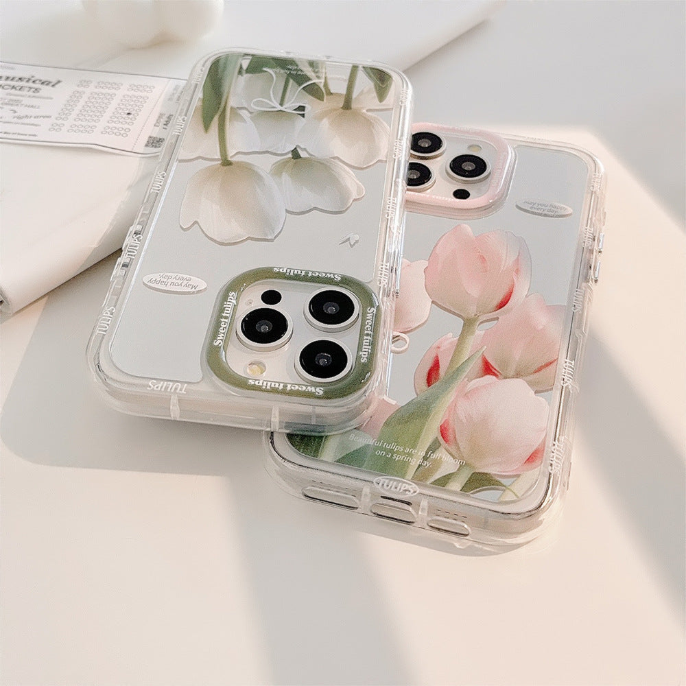 Espejo adecuado para funda de móvil Apple 15 16ProMax iPhone17 tulipán rosa y blanco 12 pequeño fresco 11 anticaída