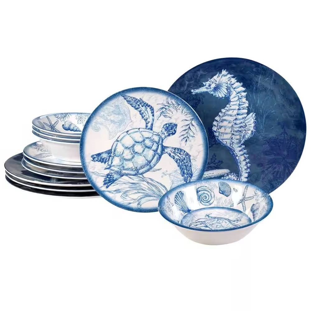 Juego de vajilla de 12 piezas con temática marina de conchas, en azul y blanco - Servicio para 4 personas