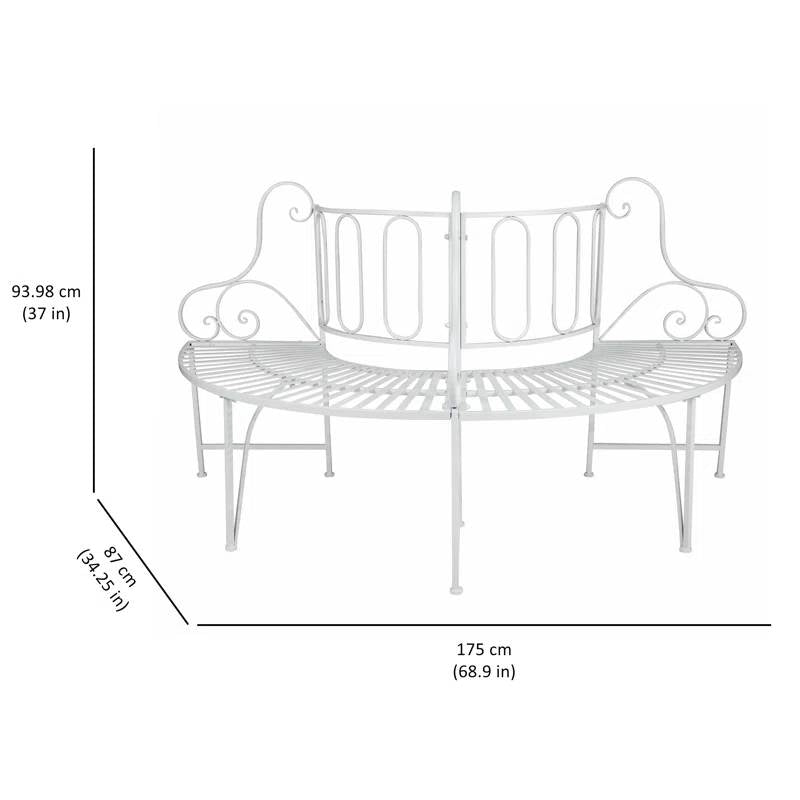 Banco de árbol de metal blanco semicircular para patio exterior y jardín