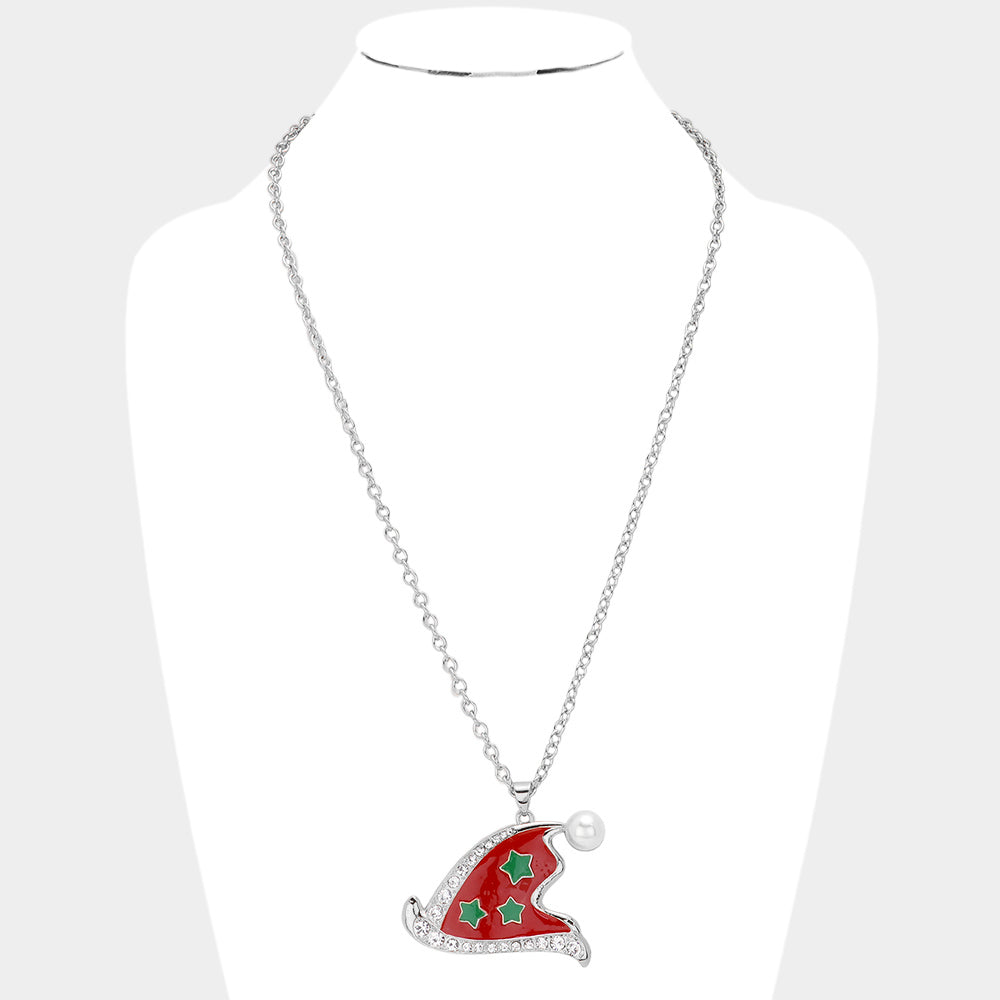 Pearl Pointed Enamel Christmas Santa Claus Hat Pendant Necklace