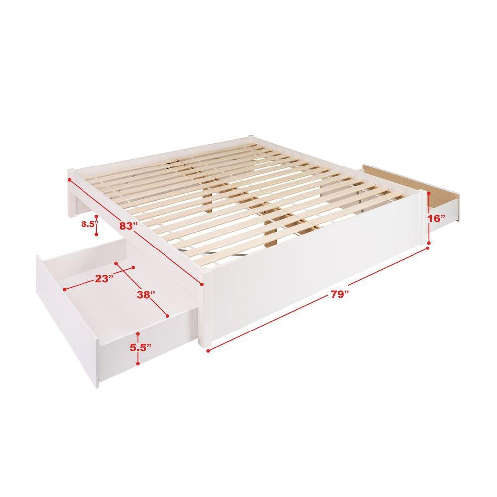 Cama de plataforma tamaño King de madera blanca con almacenamiento de 2 cajones y 4 postes