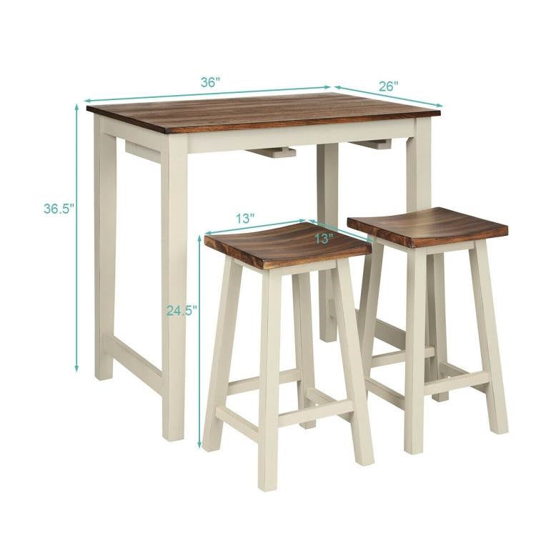 Juego de mesa de pub de cocina de altura de mostrador de 3 piezas estilo rústico con 2 taburetes de barra tipo silla de montar