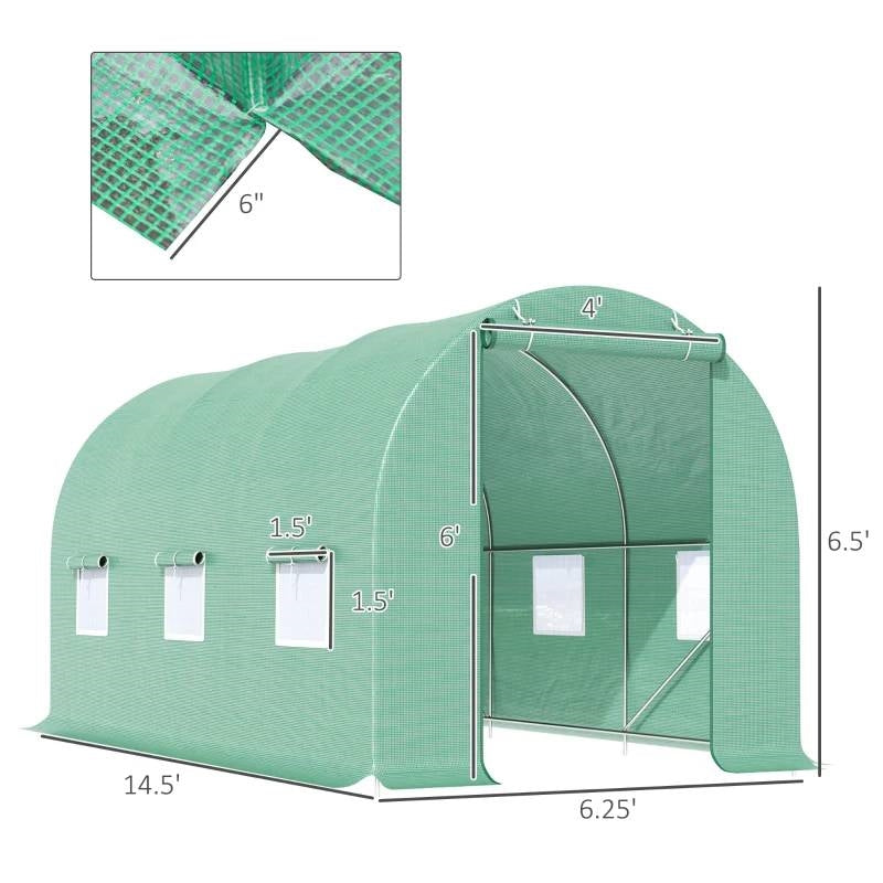 Invernadero exterior de 4.4 x 1.9 metros con cubierta de PE verde y estructura de acero resistente