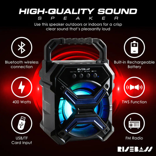 Altavoz Bluetooth inalámbrico portátil con función TWS - Altavoz Bluetooth recargable - Luces intermitentes LED
