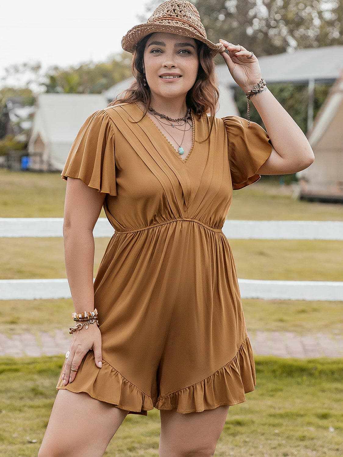 Plus Size Caramel Ruffled Romper Jumpsuit Trendsi