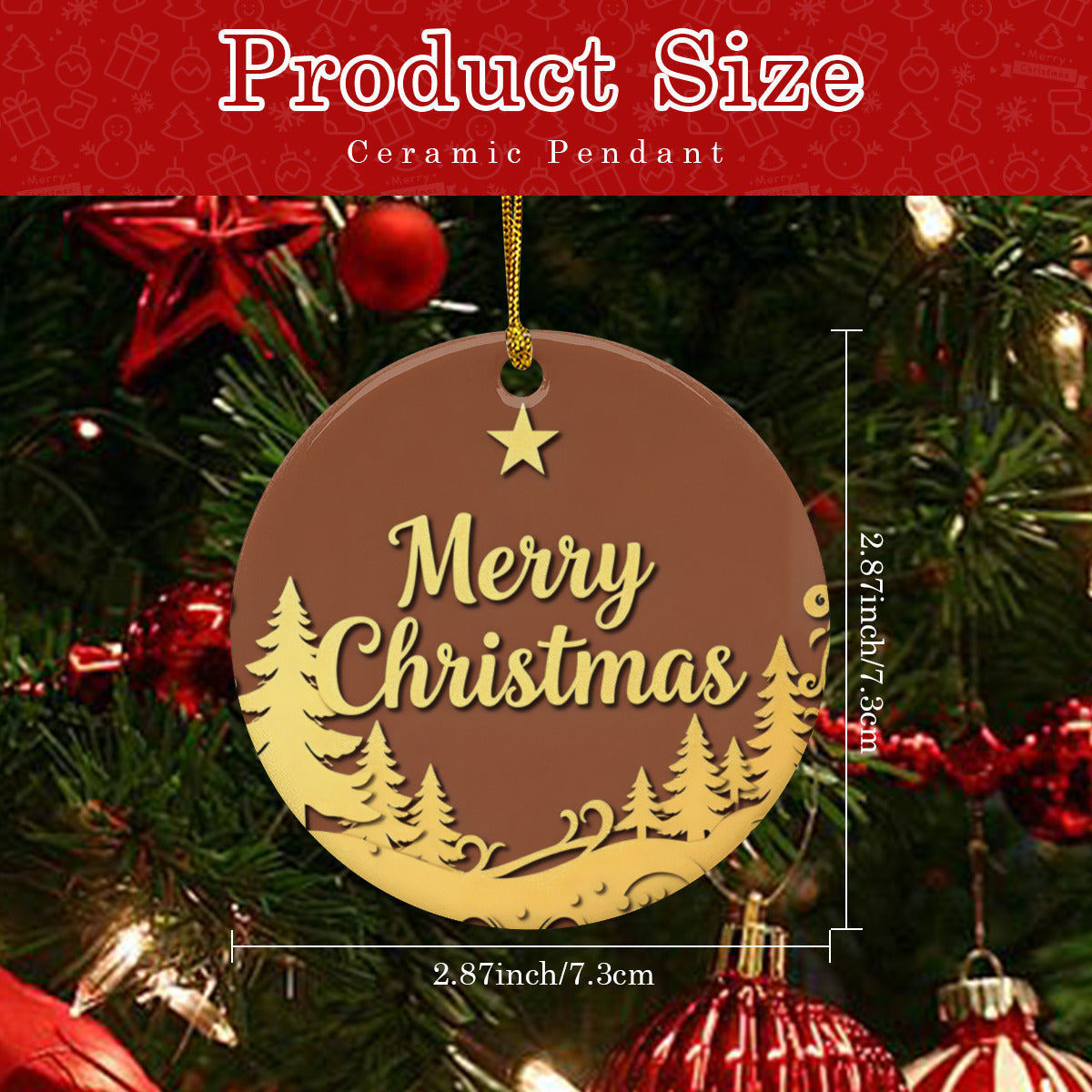 Golden Merry Christmas Ceramic Ornament with Gold String