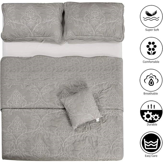 Juego de colcha Queen size de 4 piezas extragrande bordada con damasco gris ceniza