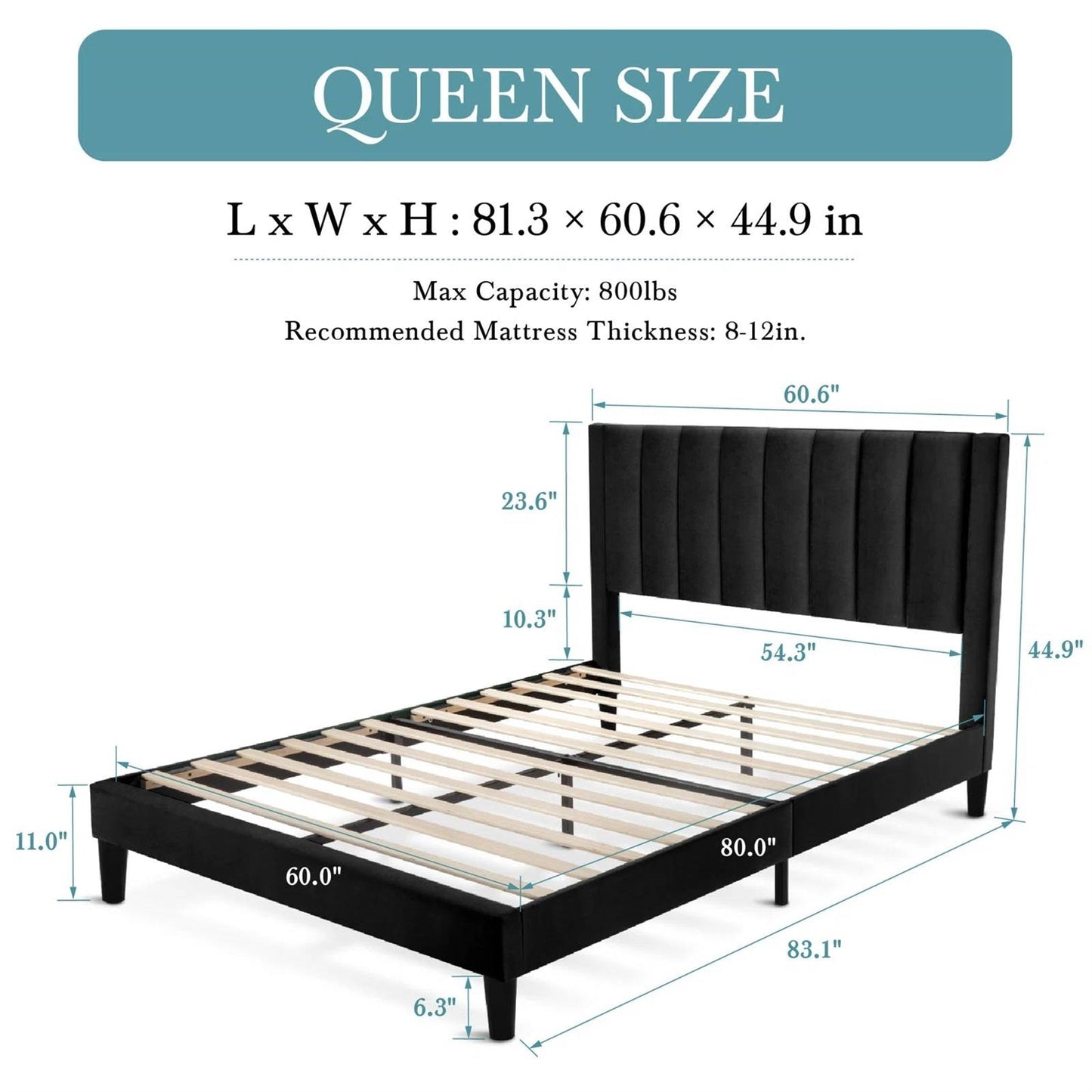 Base de cama tipo plataforma tapizada en terciopelo negro tamaño Queen con cabecera