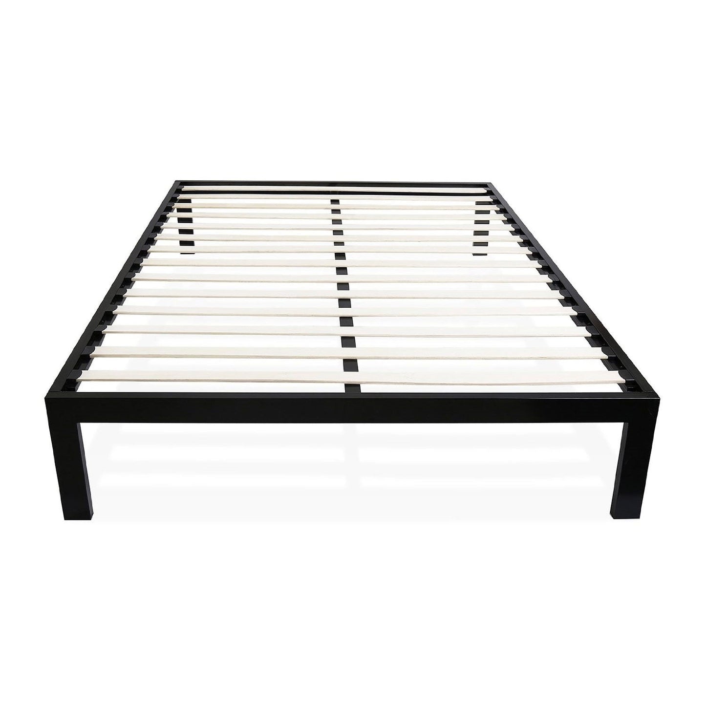 Base de cama de plataforma moderna Queen de metal negro con listones de madera