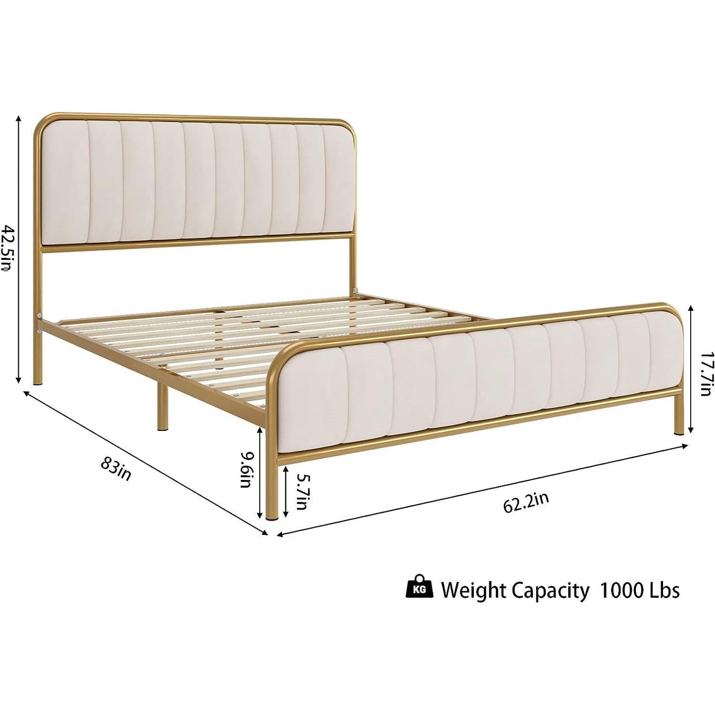 Estructura de cama de plataforma Queen size de metal dorado con cabecero tapizado en blanco roto