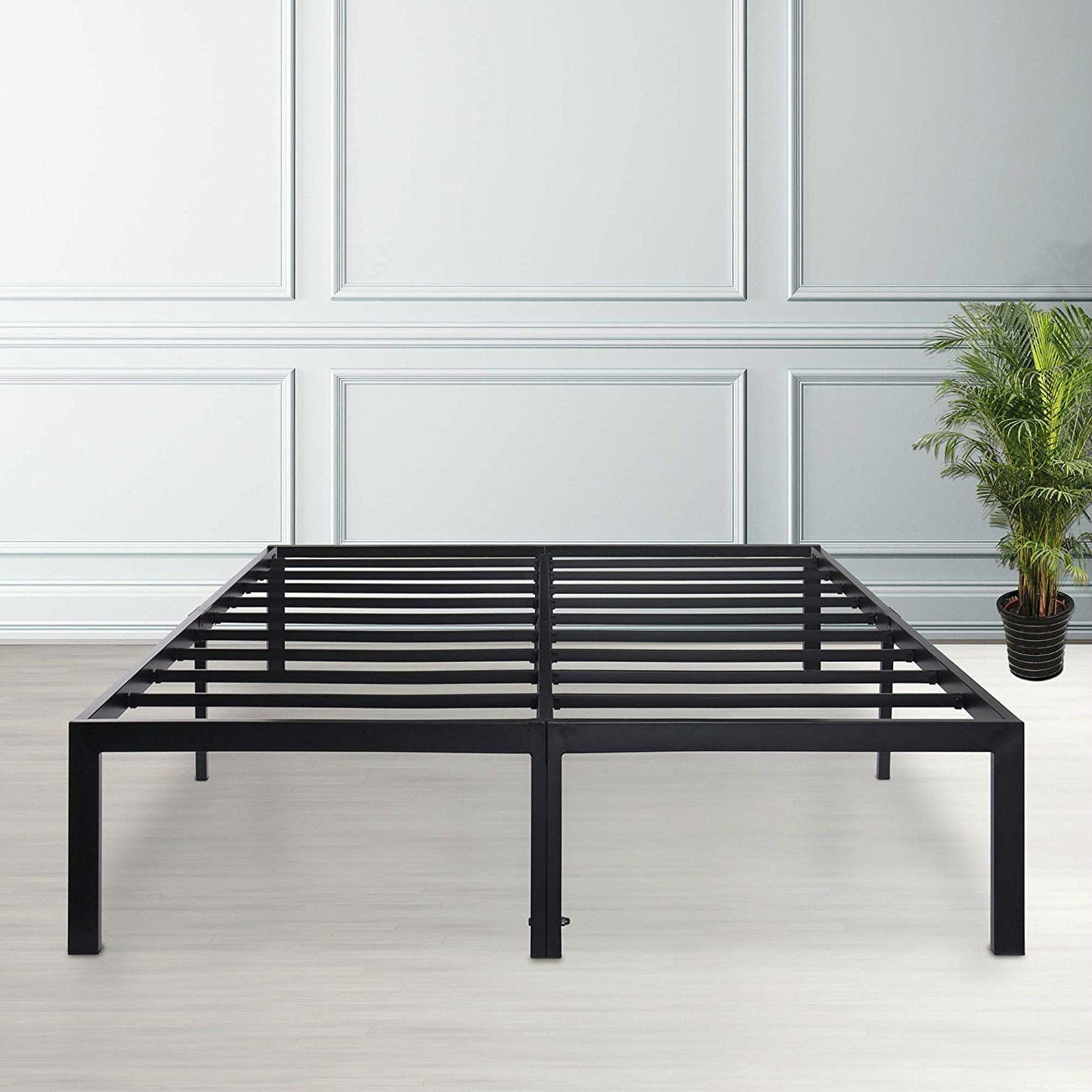 Estructura de cama de plataforma de metal negra moderna y resistente tamaño Queen