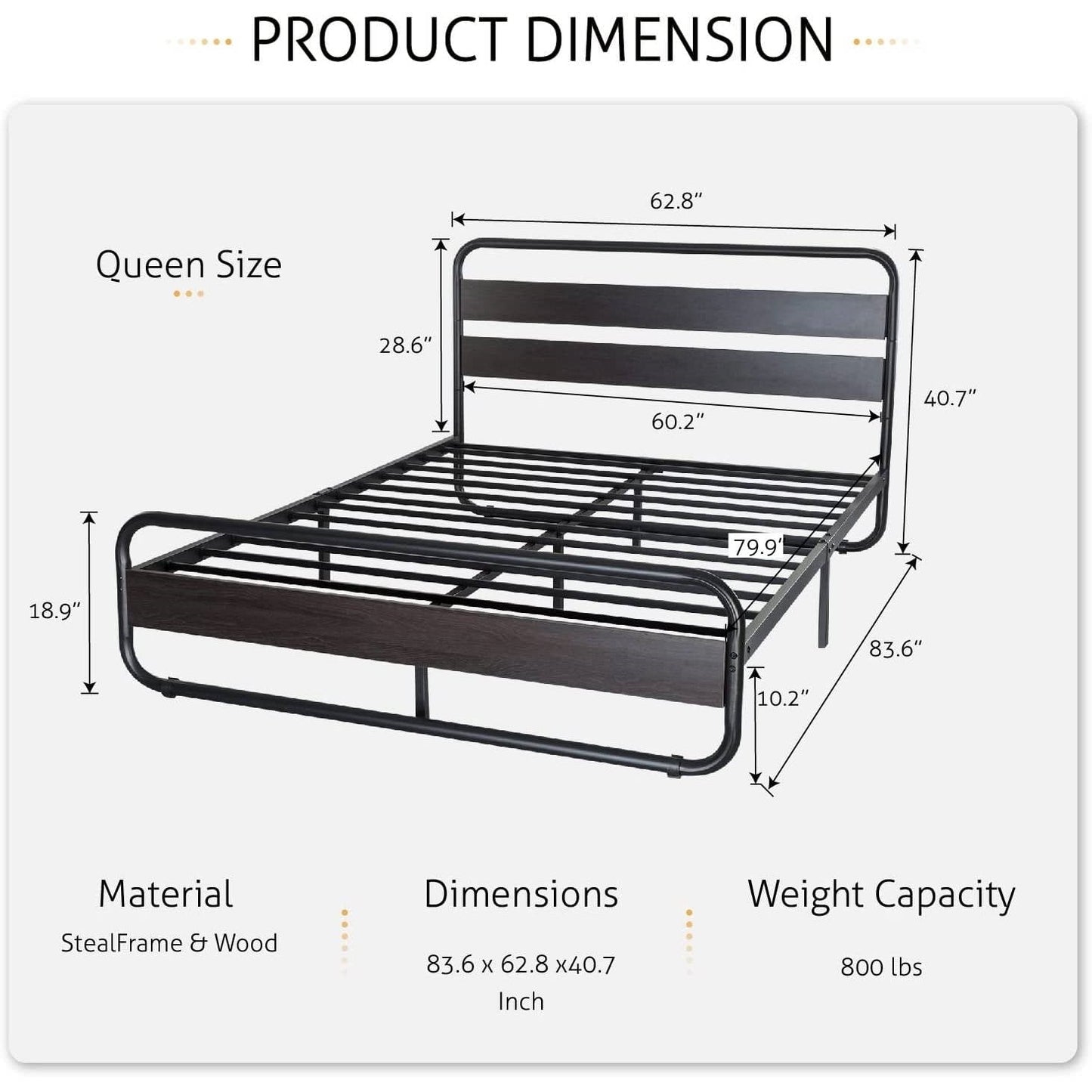 Cama Queen de plataforma con marco de metal resistente y cabecero de panel de madera negra
