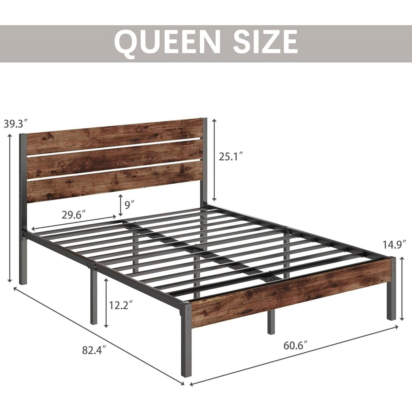 Base de cama de plataforma Queen moderna de metal estilo casa de campo con cabecera de madera marrón